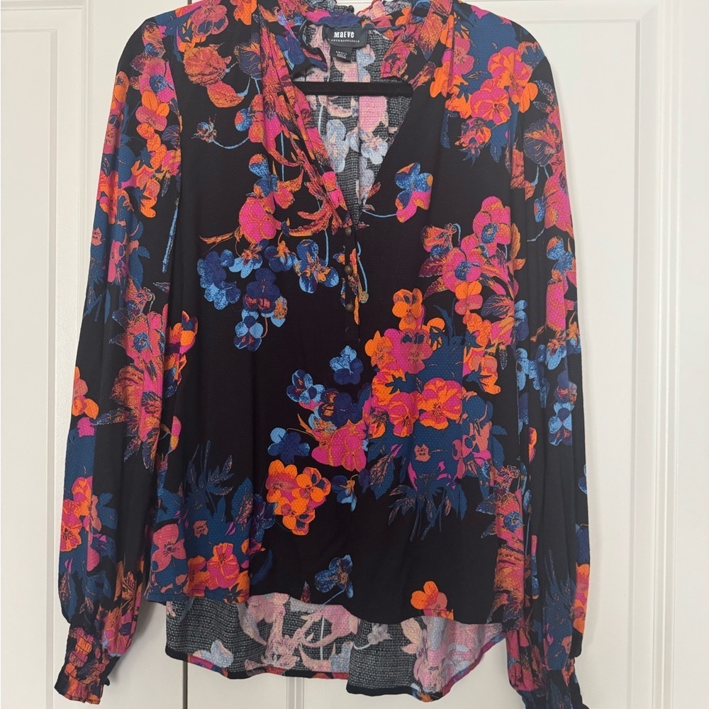 Anthropologie MAEVE Colette Black Dark Floral Romantic Peasant Top SIZE SMALL - Picture 2 of 5